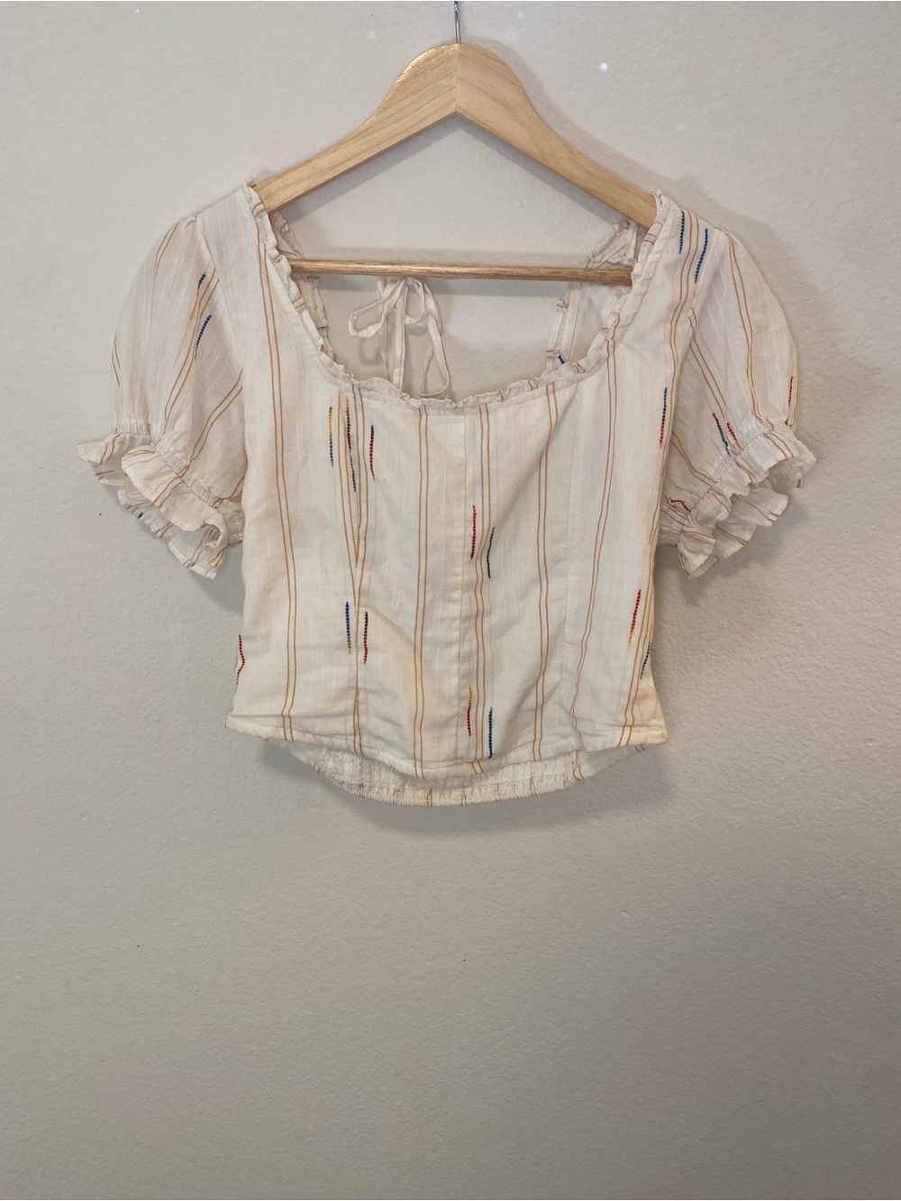 Embroidered Crop Top - Cream with Multicolor Stripes